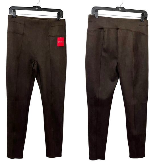 SPANX Pants - Spanx Faux Suede Slimming Leggings Size L Dark Brown Stretch Edgy 20322R NEW